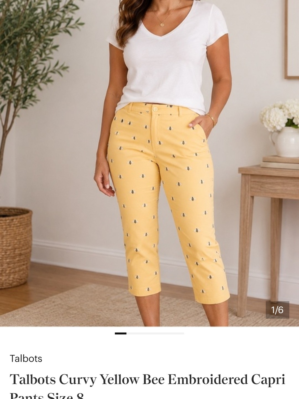 Talbots Yellow Embroidered Bee Cropped Capri Pants